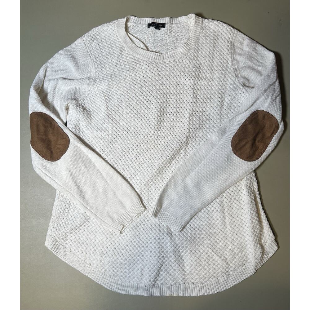Lety And Me Josey Elbow Patch Sweater Women’s L White W/Brown Elbow Patches READ